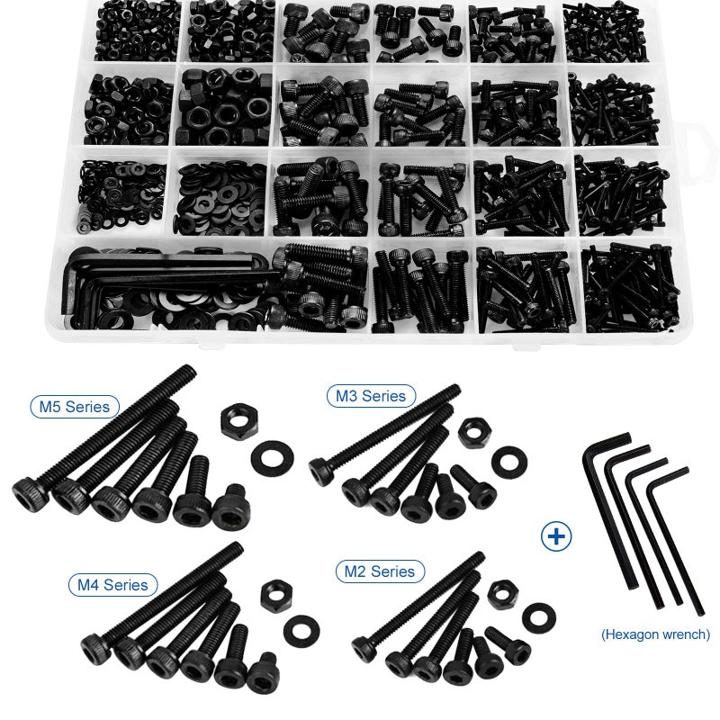 NINDEJIN M2 M3 M4 M5 Hex Socket Head Cap Screw Bolts Nuts and Washer Assortment Kit, 1060PCS Black Machine Screws Set, 12.9 Carbon Steel Small Metric Screws with 4PCS Allen Wrenches - Image 5